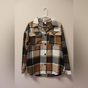 No Boundaries Plaid Shacket in Tan and Black